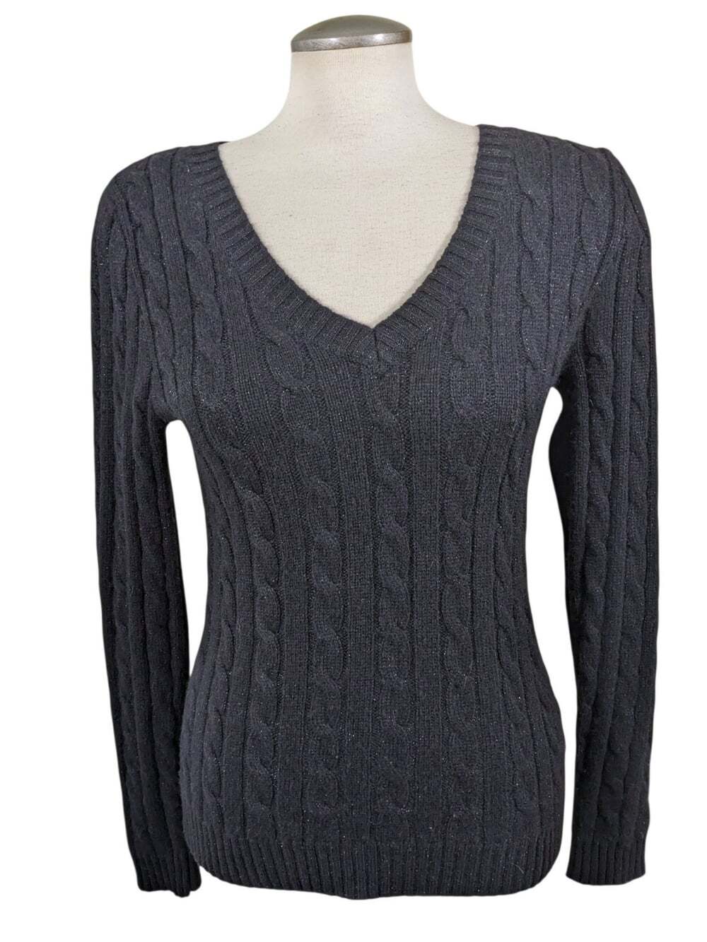 Lord and Taylor Womens Cashmere Wool Blend Cable Knit Sweater Black Med Sparkle